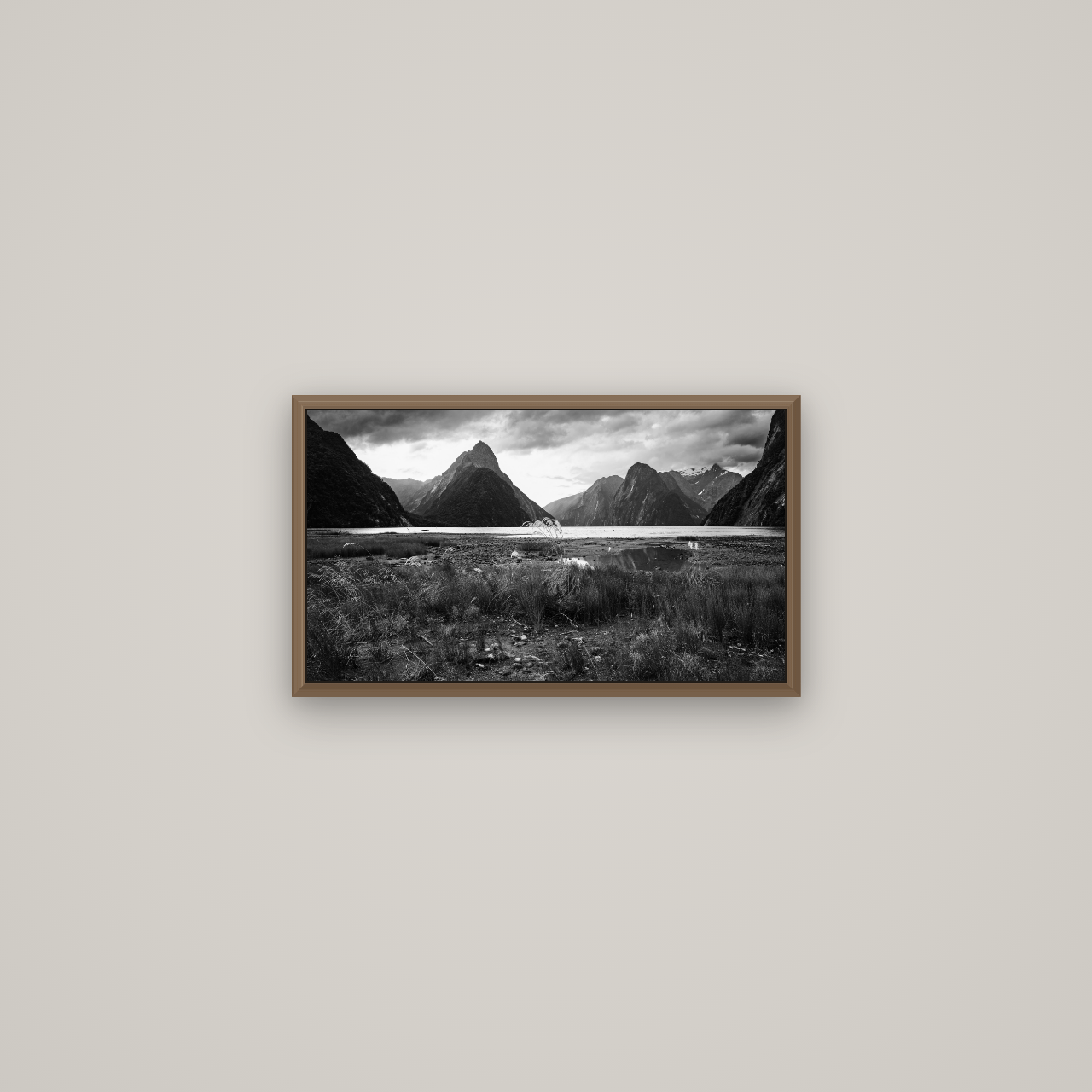Majestic Mountains, Milford Sound, Basel Walnut, 53×30 cm. New Zealand fine art wall art by Stephen Milner.