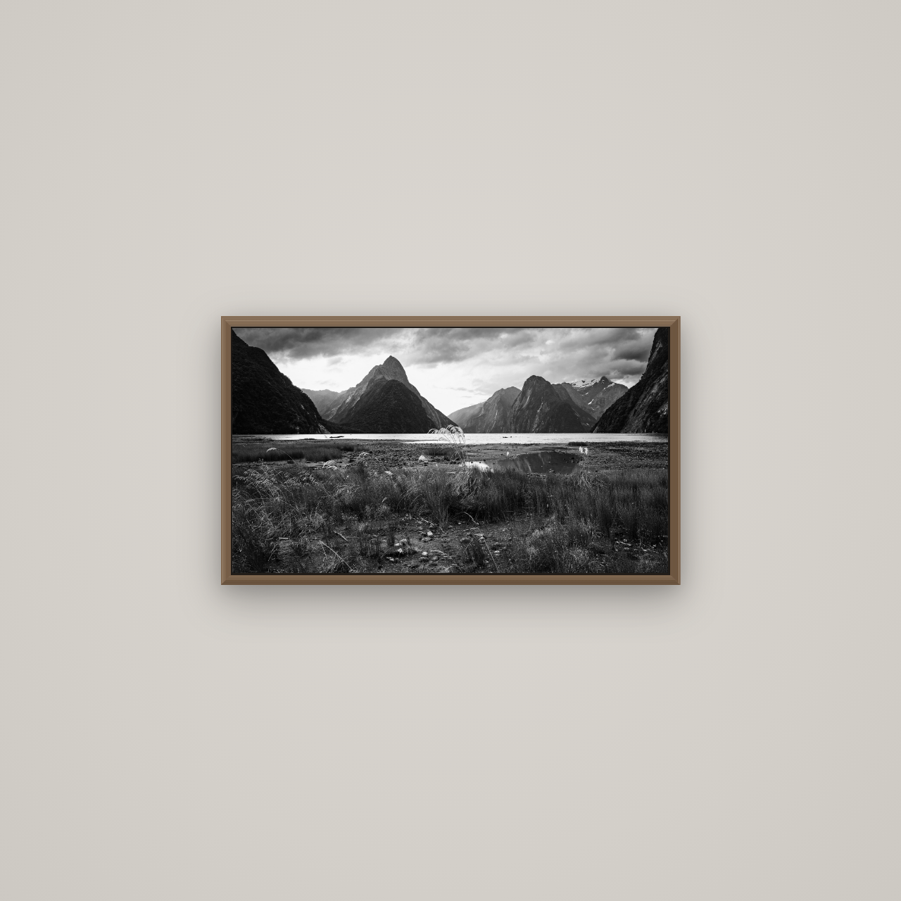 Majestic Mountains, Milford Sound, Basel Walnut, 64×36 cm. New Zealand fine art wall art by Stephen Milner.