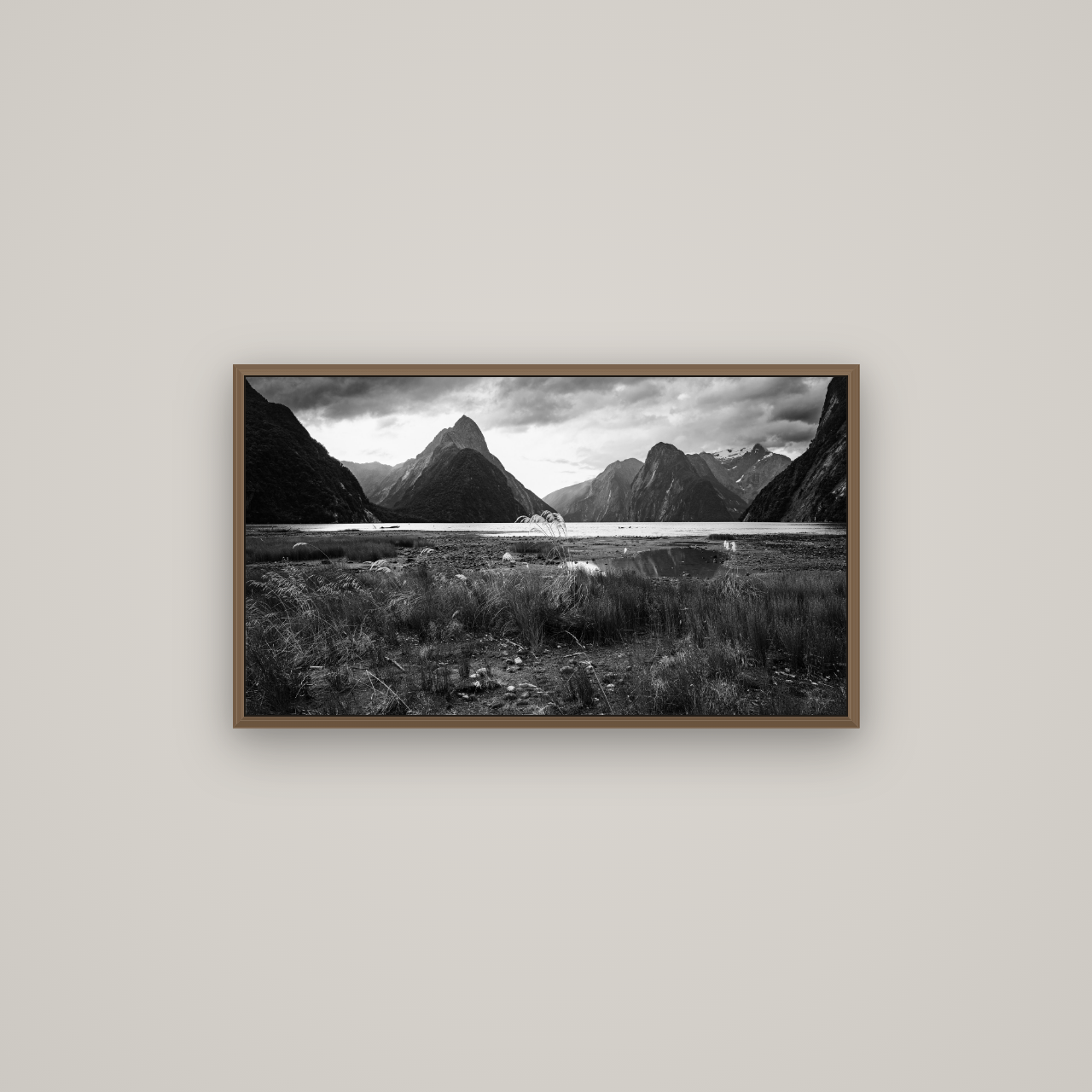 Majestic Mountains, Milford Sound, Basel Walnut, 80×45 cm. New Zealand fine art wall art by Stephen Milner.