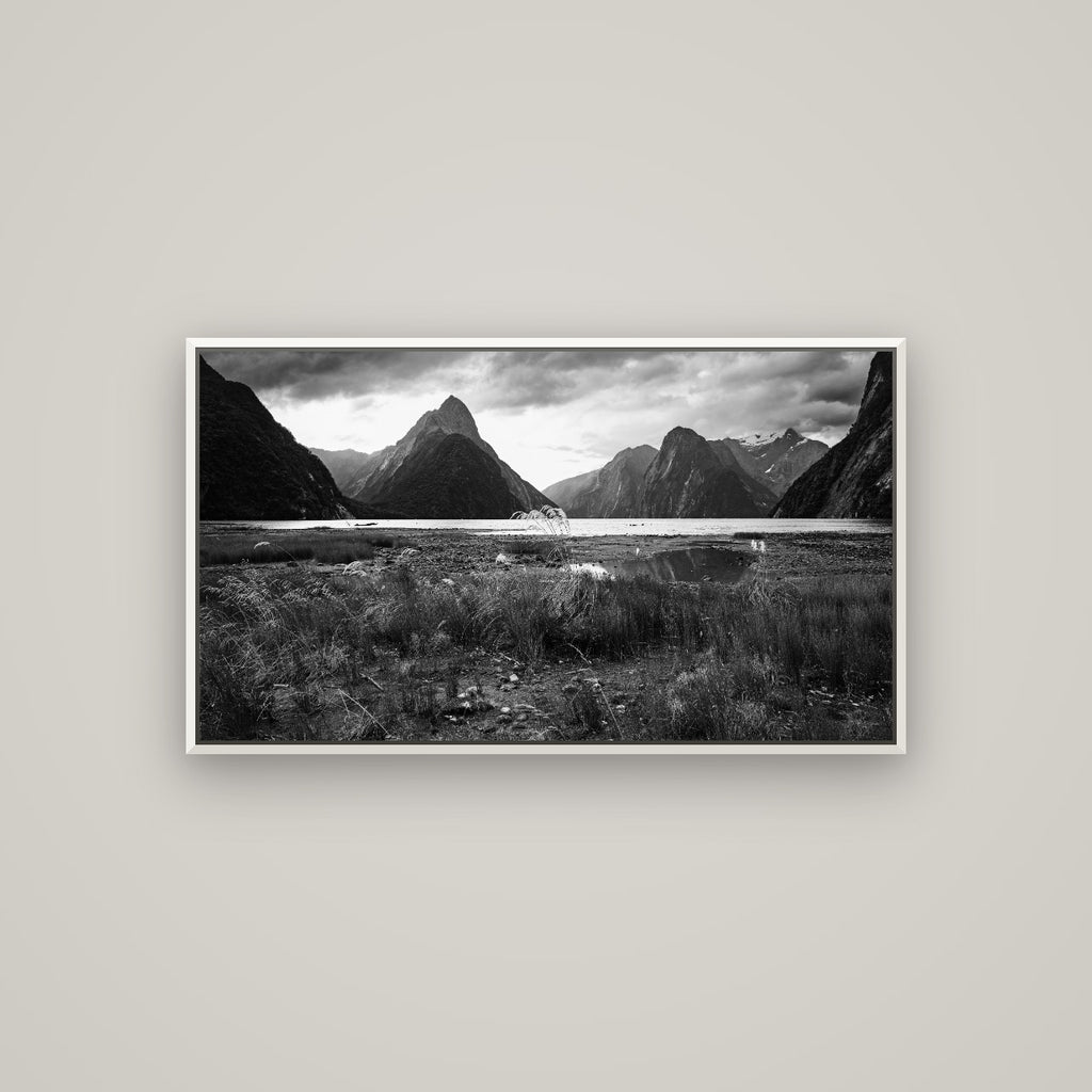 Majestic Mountains, Milford Sound — Basel White, 107×60 cm. New Zealand fine art wall art by Stephen Milner.