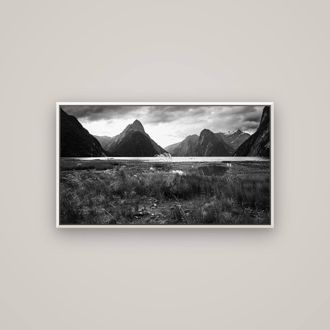 Majestic Mountains, Milford Sound — Basel White, 107×60 cm. New Zealand fine art wall art by Stephen Milner.