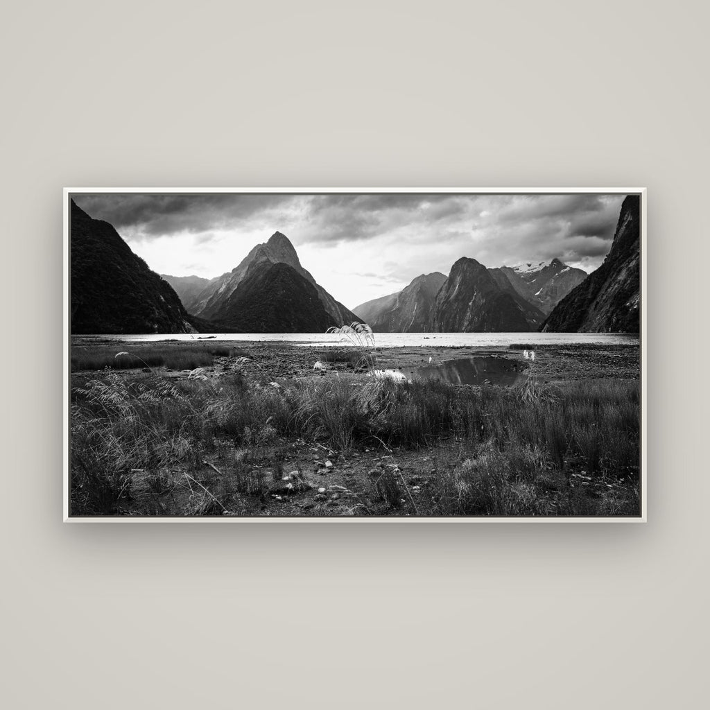 Majestic Mountains, Milford Sound — Basel White, 160×90 cm. New Zealand fine art wall art by Stephen Milner.