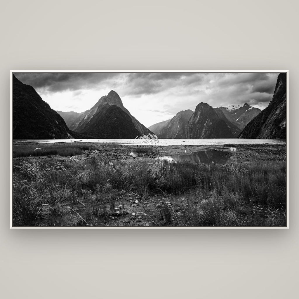 Majestic Mountains, Milford Sound — Basel White, 196×110 cm. New Zealand fine art wall art by Stephen Milner.