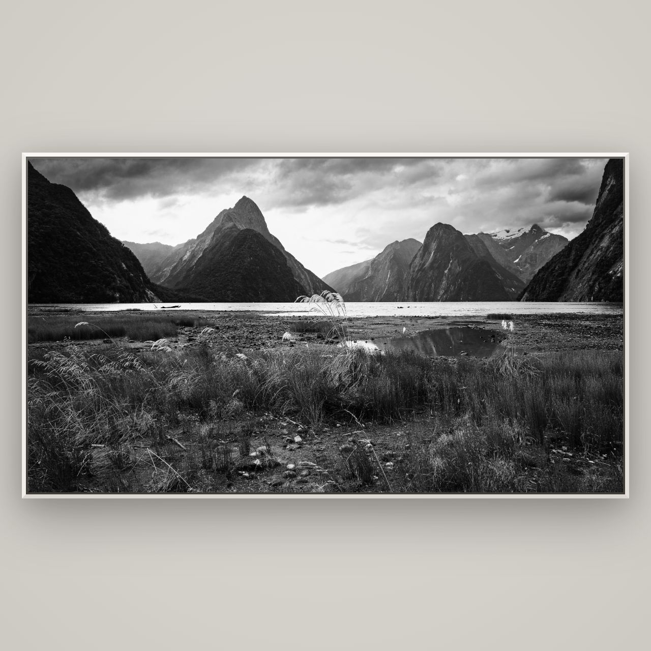 Majestic Mountains, Milford Sound — Basel White, 196×110 cm. New Zealand fine art wall art by Stephen Milner.