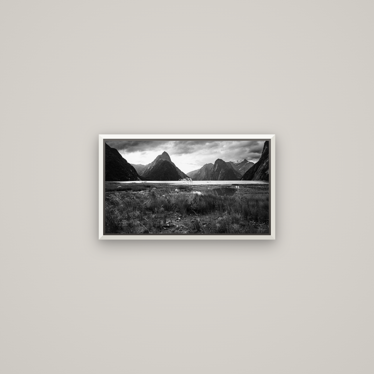 Majestic Mountains, Milford Sound — Basel White, 53×30 cm. New Zealand fine art wall art by Stephen Milner.