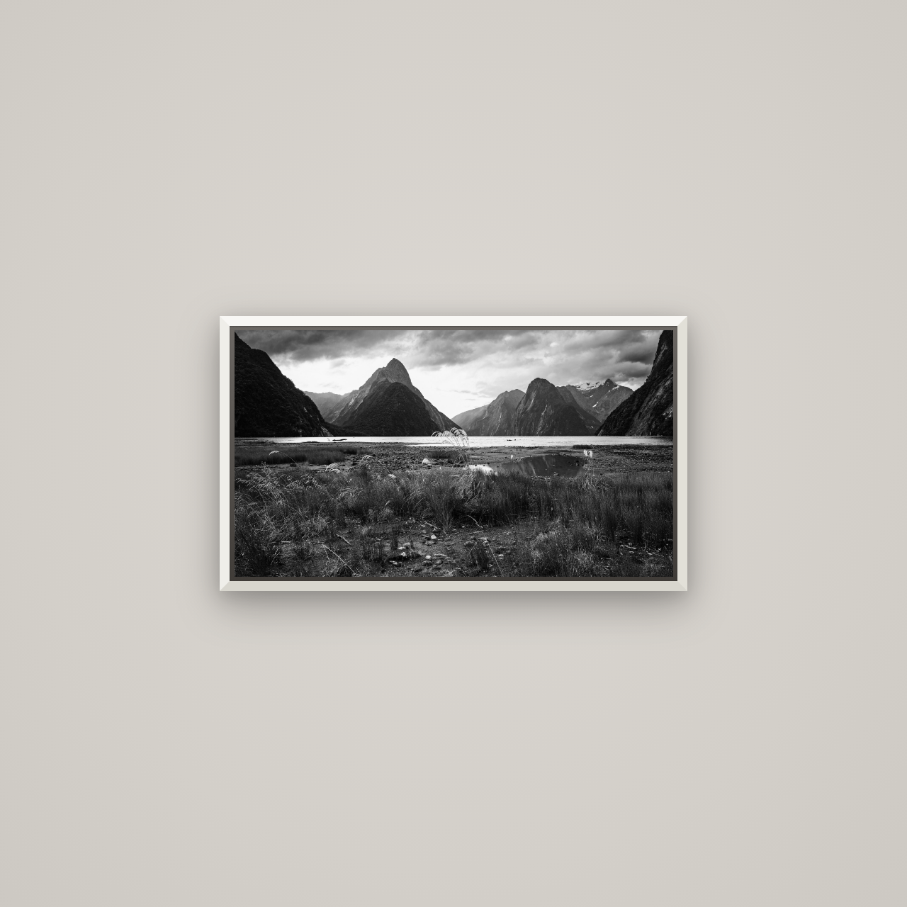 Majestic Mountains, Milford Sound — Basel White, 64×36 cm. New Zealand fine art wall art by Stephen Milner.