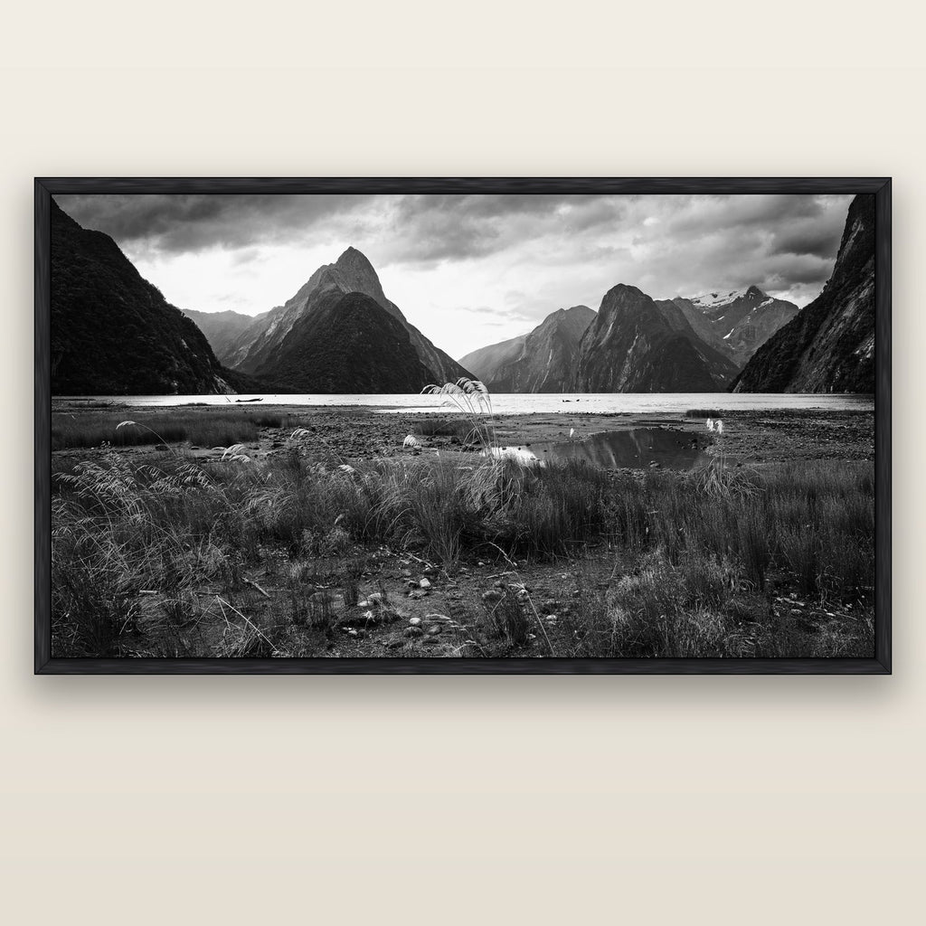Majestic Mountains, Milford Sound — black float frame canvas, 200 × 130 cm. New Zealand fine art landscape wall art by Stephen Milner.