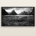 Majestic Mountains, Milford Sound — black float frame canvas, 200 × 130 cm. New Zealand fine art landscape wall art by Stephen Milner.
