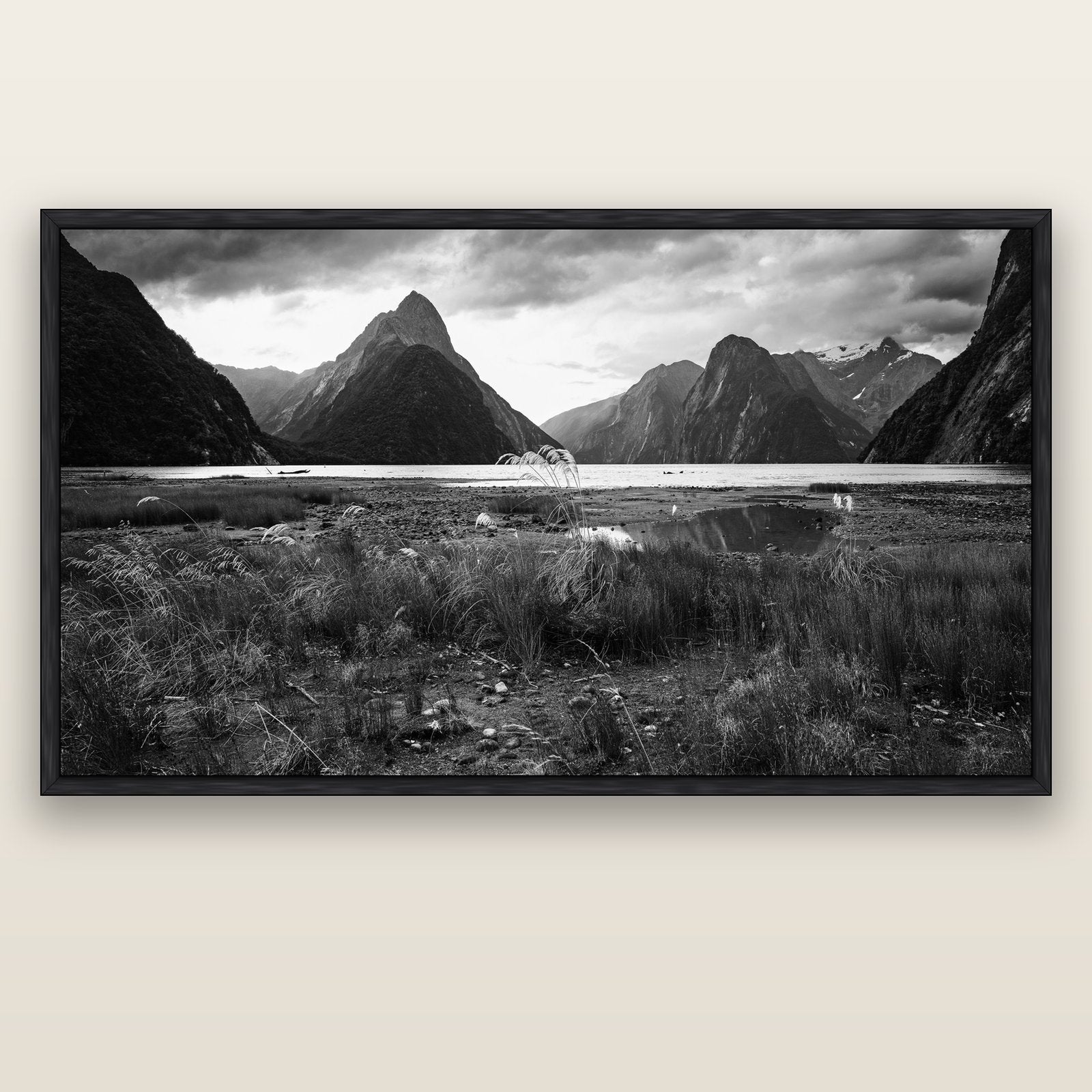 Majestic Mountains, Milford Sound — black float frame canvas, 200 × 130 cm. New Zealand fine art landscape wall art by Stephen Milner.