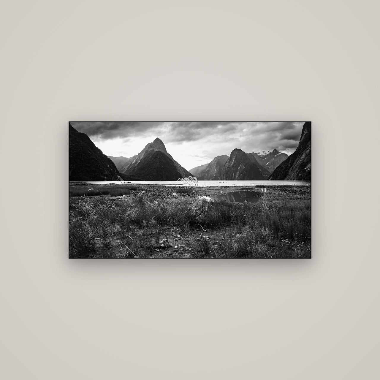 Majestic Mountains, Milford Sound — Slimline Black, 107×60 cm. New Zealand fine art wall art by Stephen Milner.