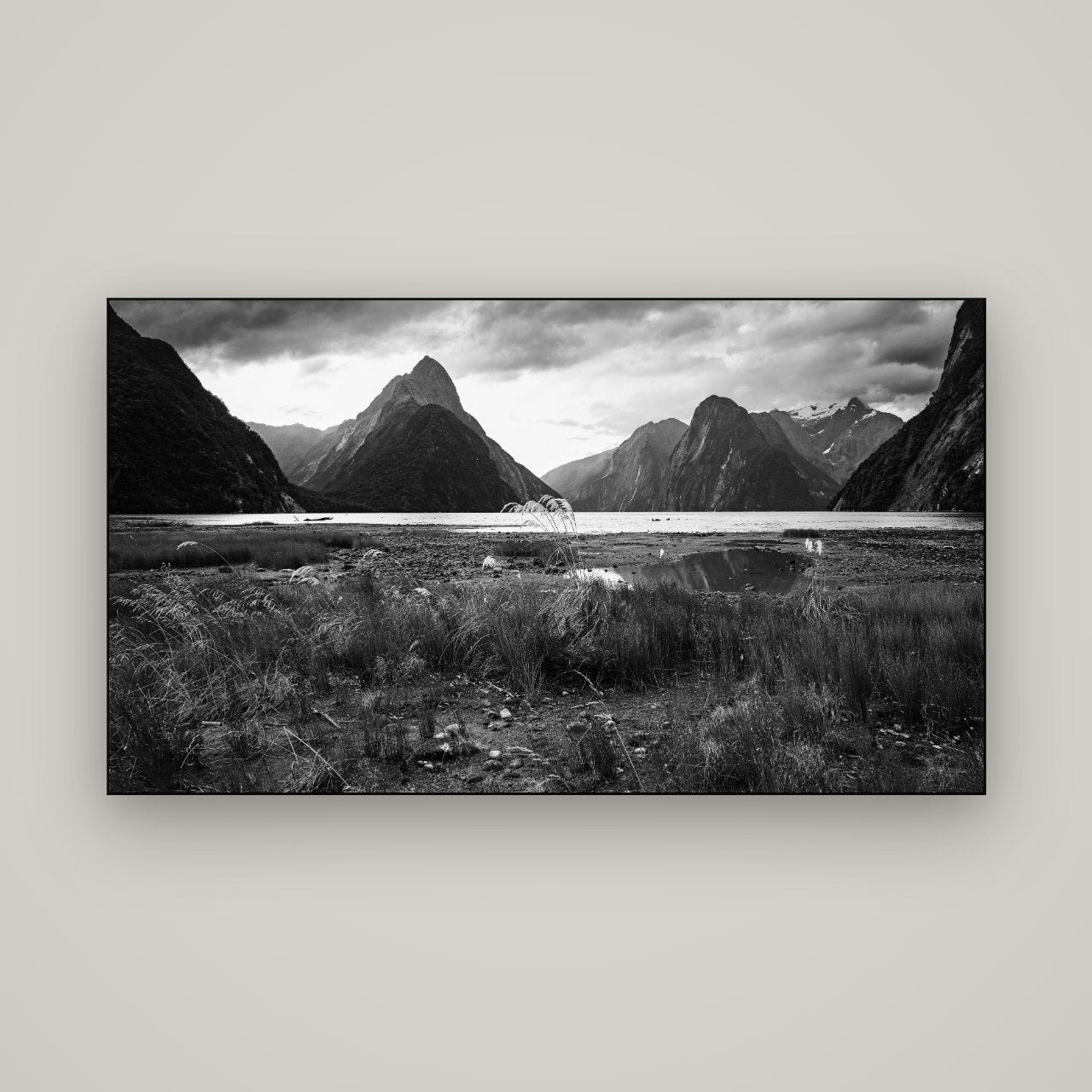 Majestic Mountains, Milford Sound — Slimline Black, 160×90 cm. New Zealand fine art wall art by Stephen Milner.
