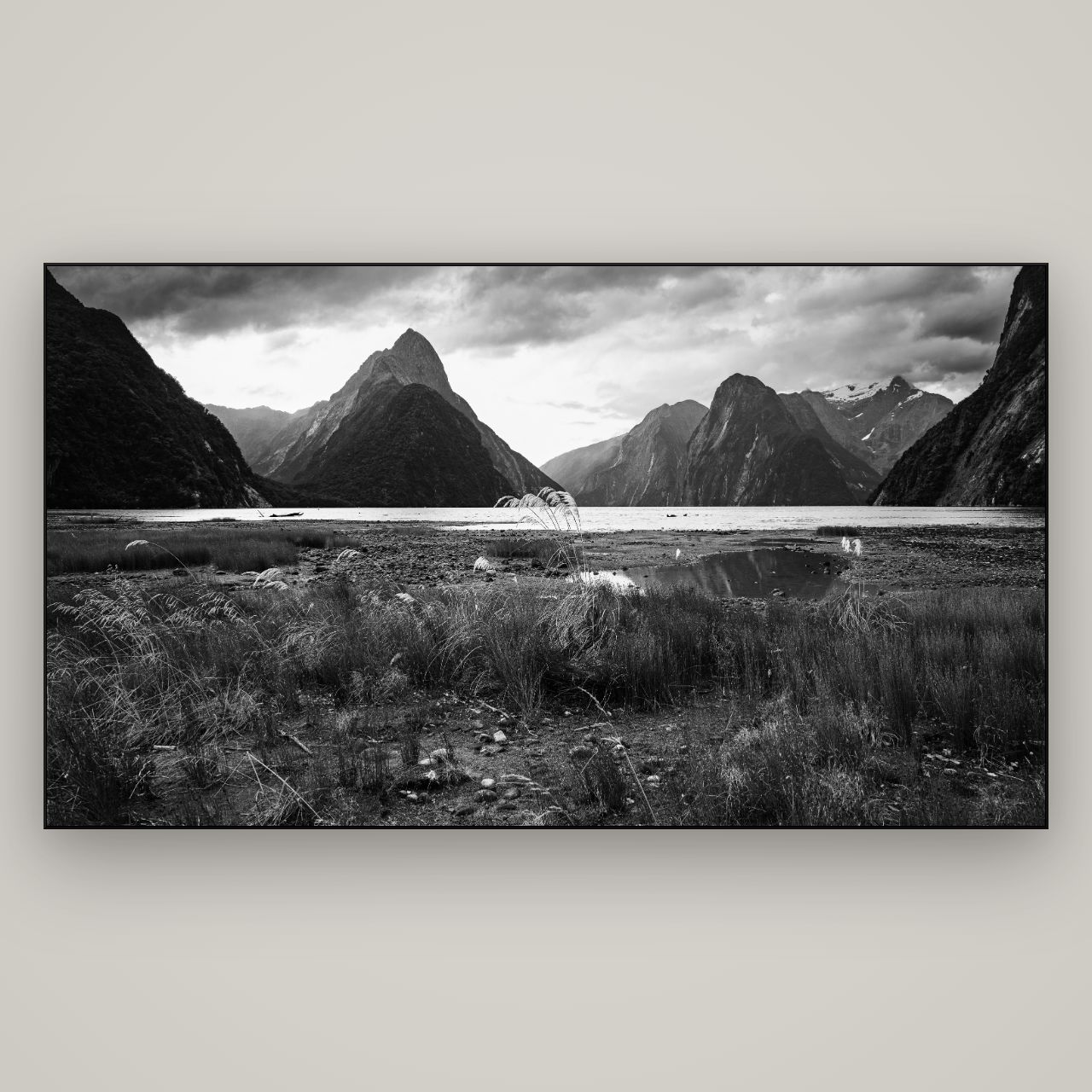 Majestic Mountains, Milford Sound — Slimline Black, 196×110 cm. New Zealand fine art wall art by Stephen Milner.