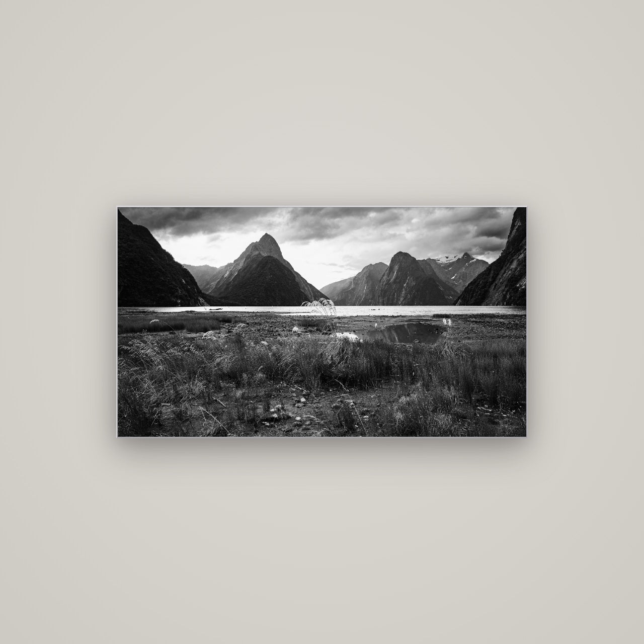 Majestic Mountains, Milford Sound — Slimline Silver, 107×60 cm. New Zealand fine art wall art by Stephen Milner.