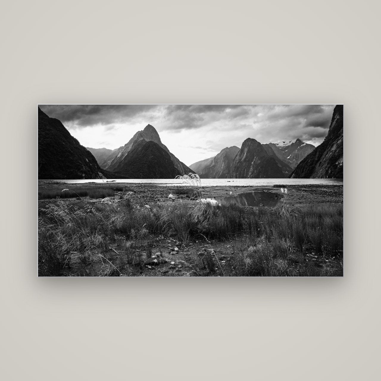 Majestic Mountains, Milford Sound — Slimline Silver, 160×90 cm. New Zealand fine art wall art by Stephen Milner.