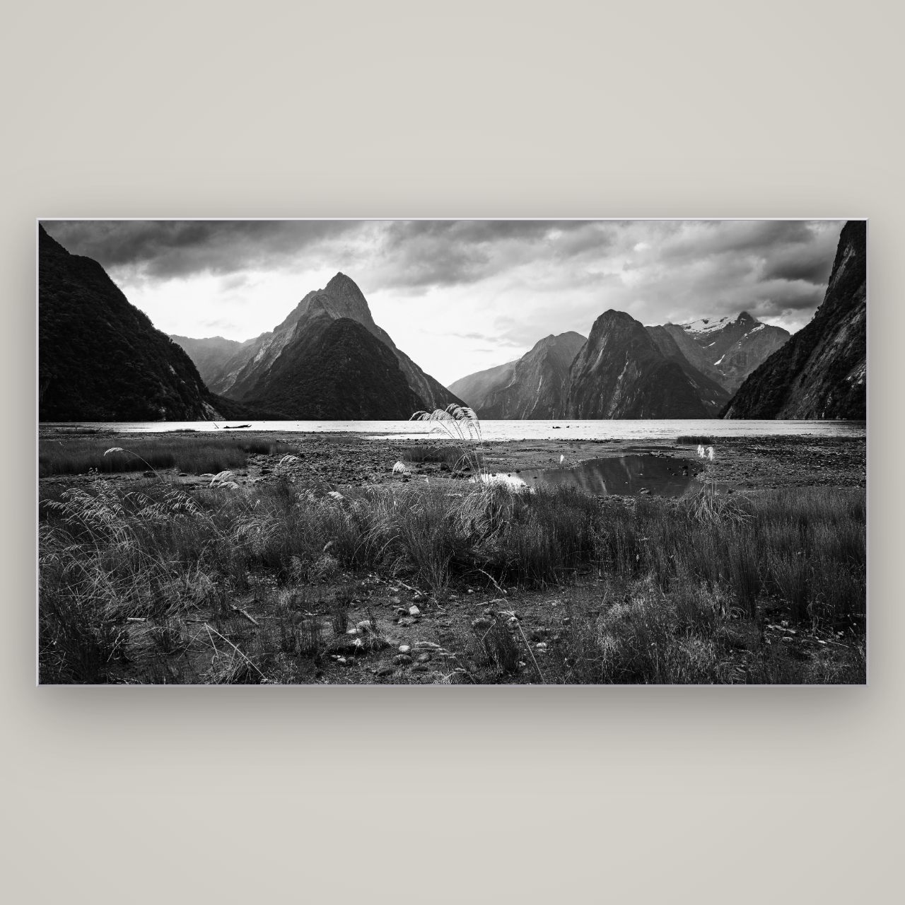 Majestic Mountains, Milford Sound — Slimline Silver, 196×110 cm. New Zealand fine art wall art by Stephen Milner.