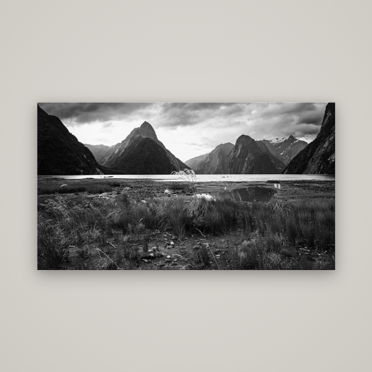Majestic Mountains, Milford Sound — No frame, 160×90 cm. New Zealand fine art wall art by Stephen Milner.