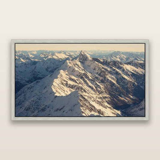 Majestic Reverie, Mount Sefton's Sunset Serenade — framed metallic canvas print, Antique Silver frame. New Zealand fine art landscape wall art by Stephen Milner.