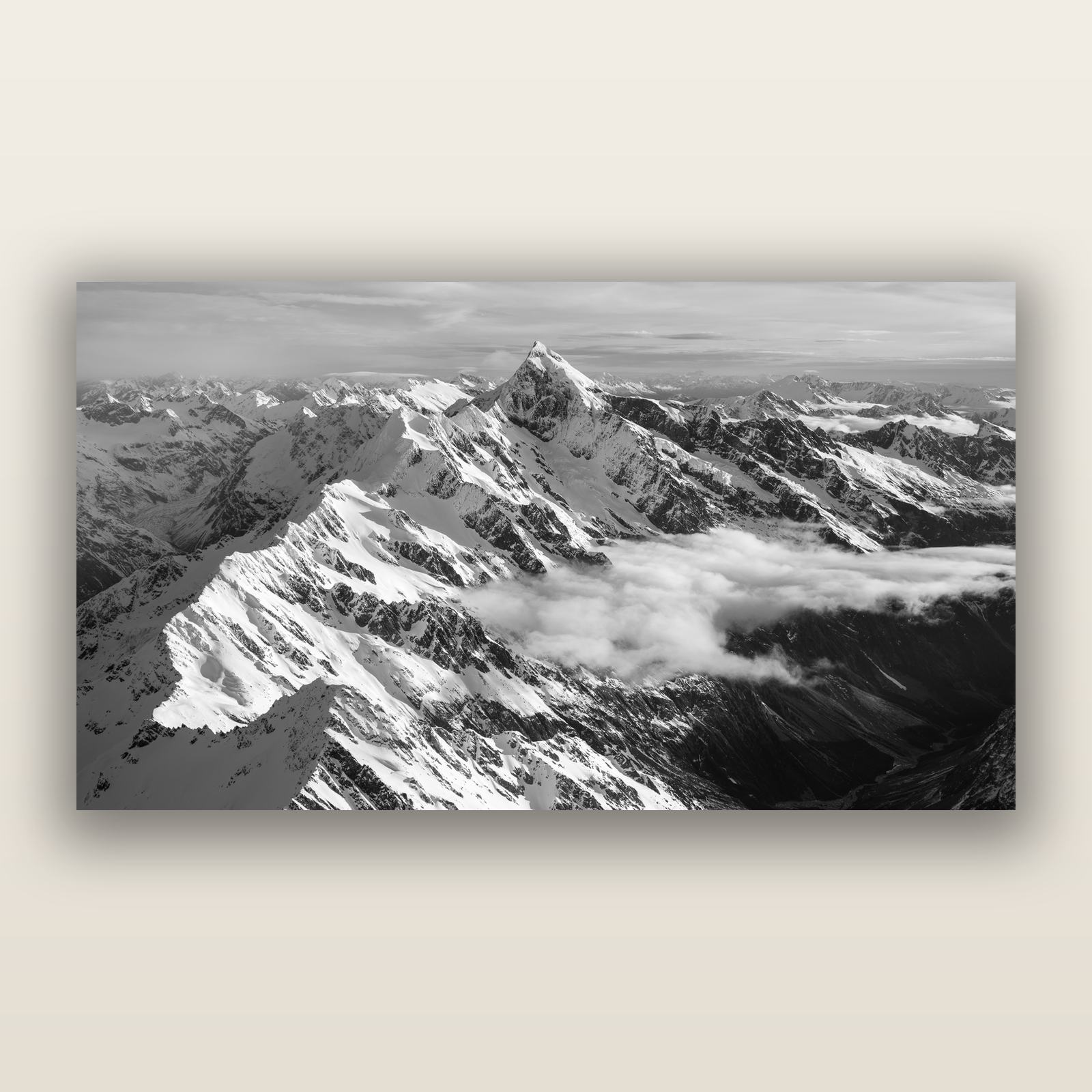 Majestic Reverie, Mount Sefton's Sunset Serenade, black and white frameless acrylic glass print. New Zealand fine art photography by Stephen Milner.