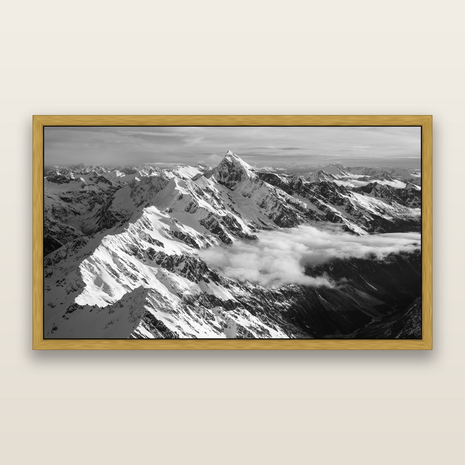 Majestic Reverie, Mount Sefton's Sunset Serenade, black and white framed metallic canvas print, Antique Gold frame. New Zealand fine art wall art by Stephen Milner.