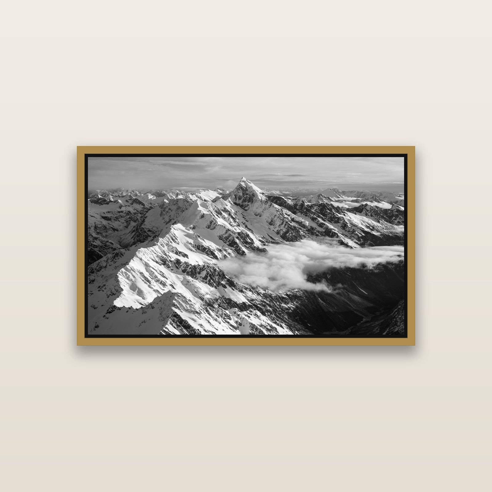 Majestic Reverie, Mount Sefton's Sunset Serenade — Antique Gold framed metallic canvas print, small 81 × 46 cm. New Zealand fine art landscape wall art by Stephen Milner.