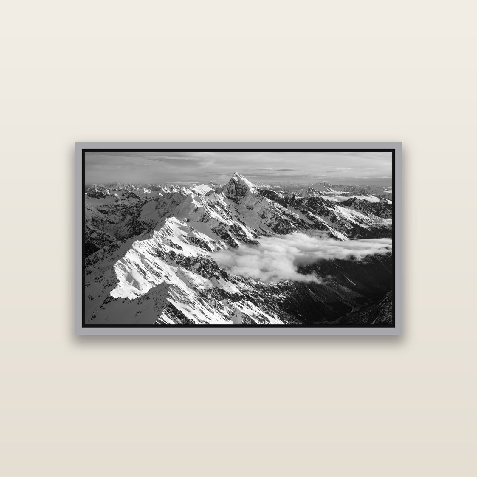 Majestic Reverie, Mount Sefton's Sunset Serenade — Antique Silver framed metallic canvas print, small 81 × 46 cm. New Zealand fine art landscape wall art by Stephen Milner.