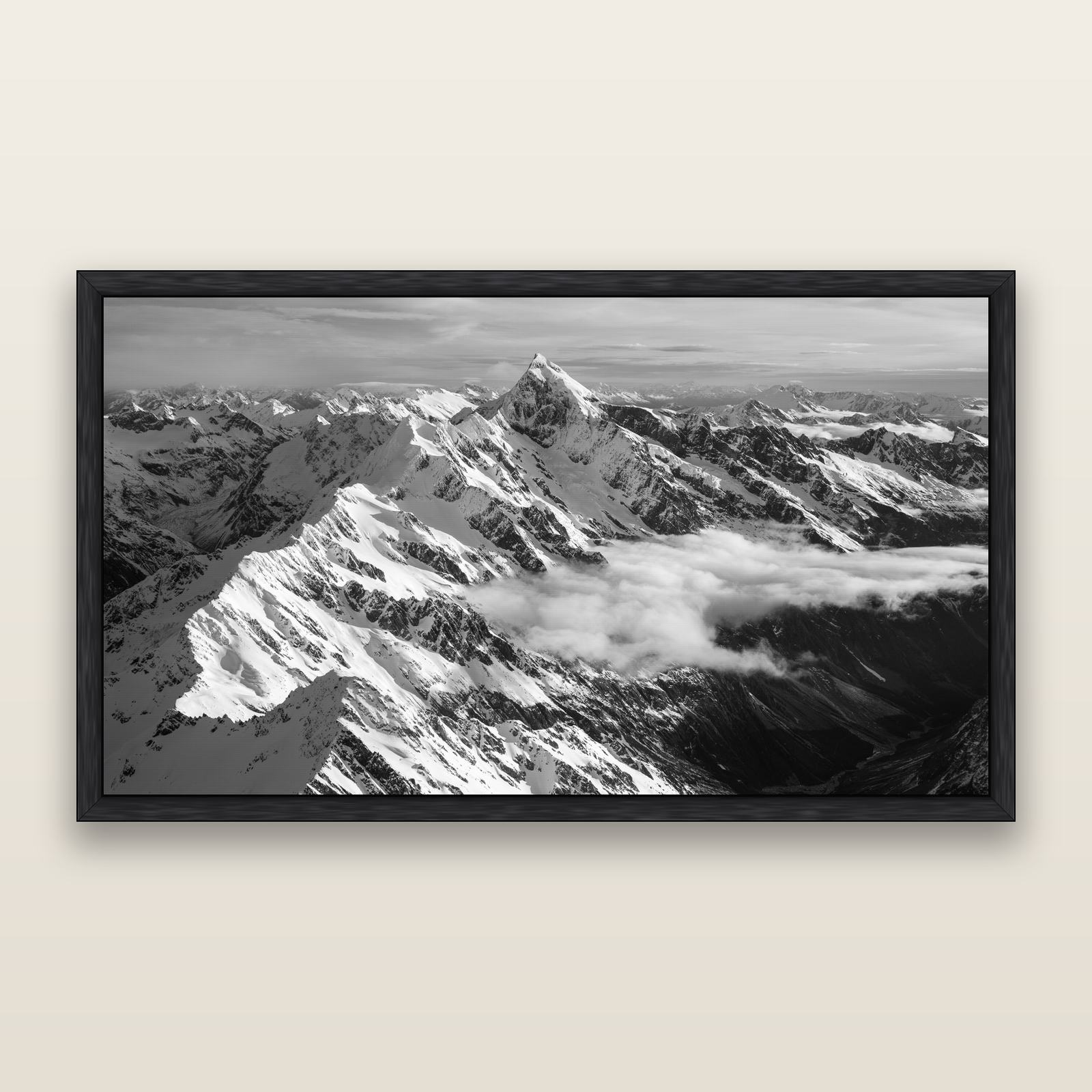 Majestic Reverie, Mount Sefton's Sunset Serenade, black and white framed metallic canvas print, Black frame. New Zealand fine art wall art by Stephen Milner.