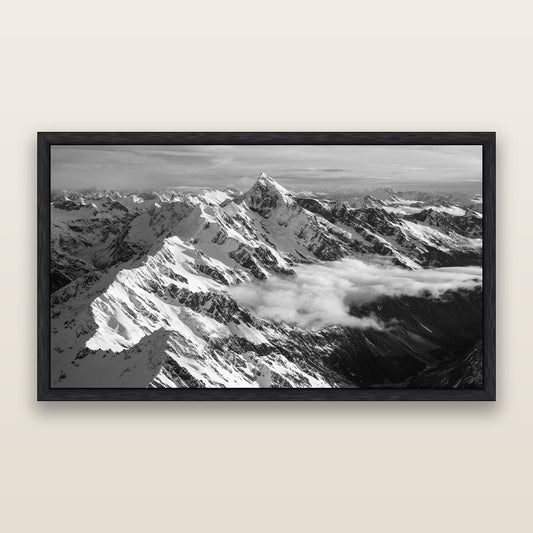 Majestic Reverie, Mount Sefton's Sunset Serenade, black and white framed metallic canvas print, Black frame. New Zealand fine art wall art by Stephen Milner.