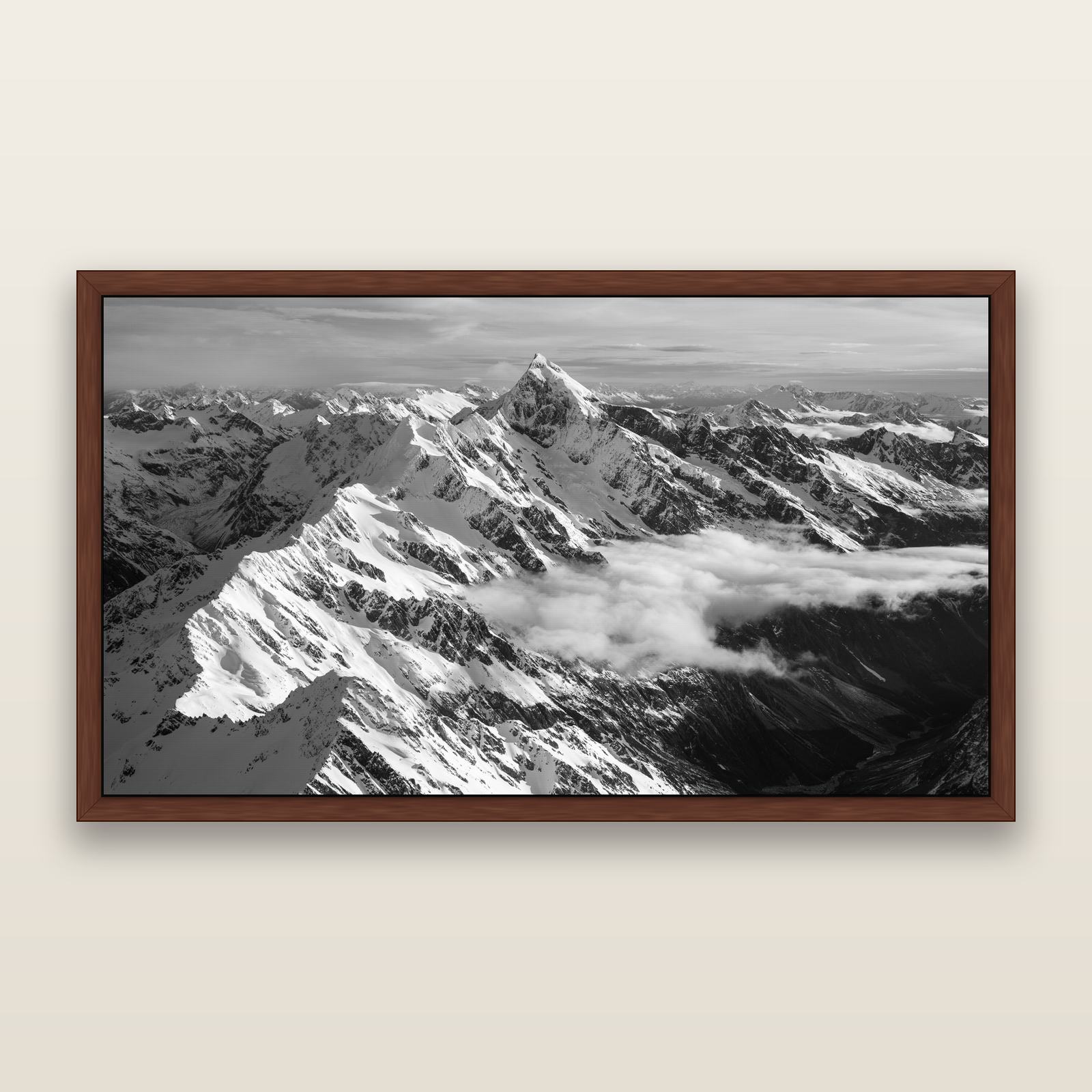 Majestic Reverie, Mount Sefton's Sunset Serenade, black and white framed metallic canvas print, Brown frame. New Zealand fine art wall art by Stephen Milner.
