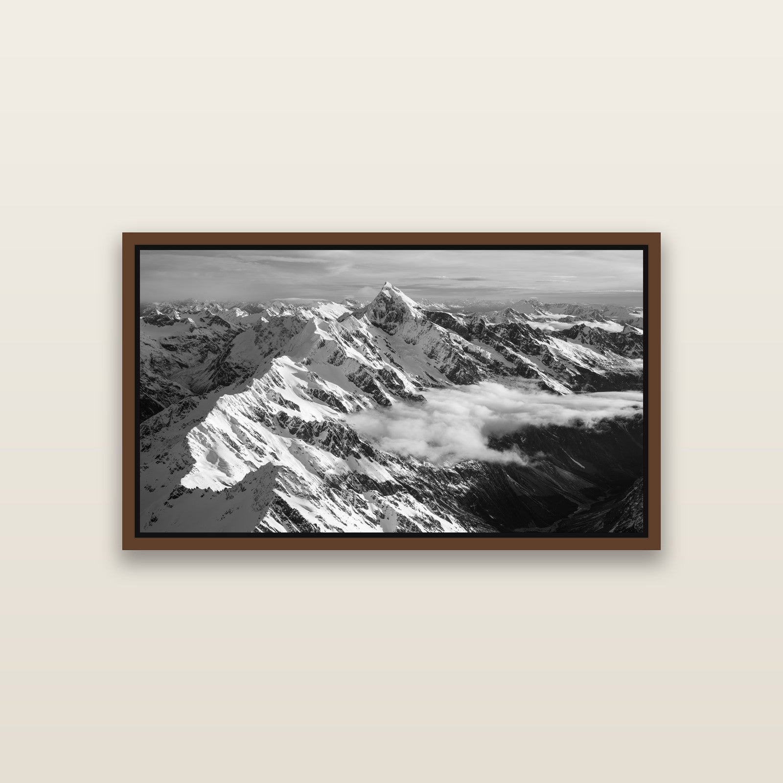 Majestic Reverie, Mount Sefton's Sunset Serenade — Brown framed metallic canvas print, small 81 × 46 cm. New Zealand fine art landscape wall art by Stephen Milner.