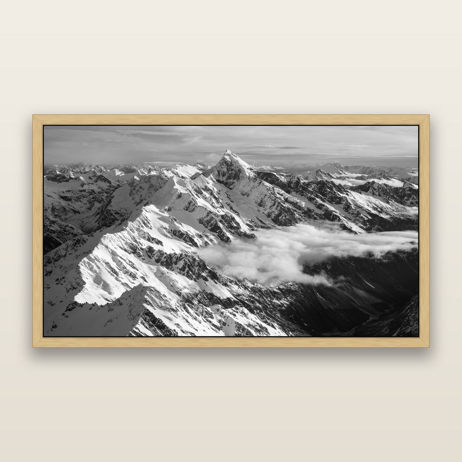 Majestic Reverie, Mount Sefton's Sunset Serenade, black and white framed metallic canvas print, Natural frame. New Zealand fine art wall art by Stephen Milner.