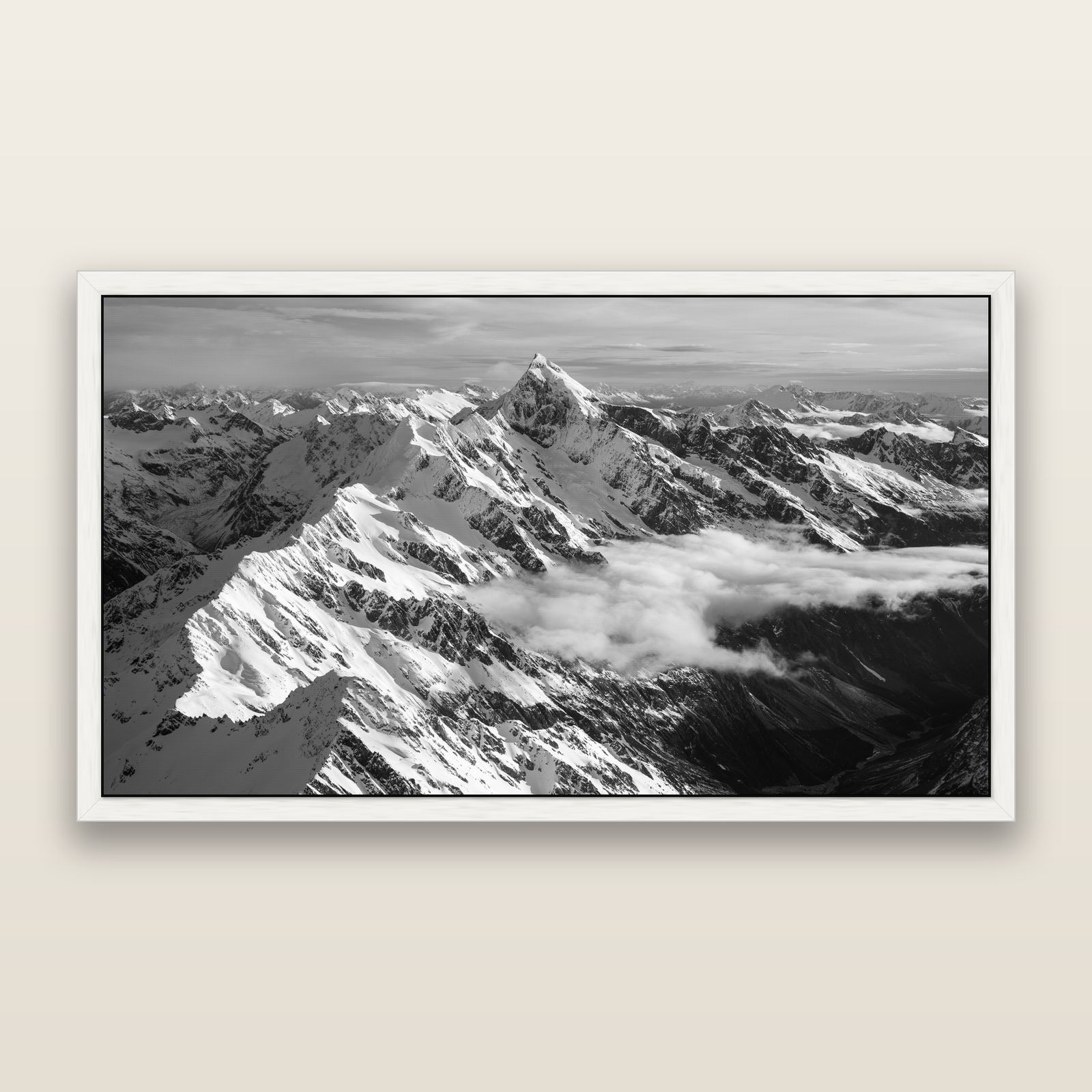 Majestic Reverie, Mount Sefton's Sunset Serenade, black and white framed metallic canvas print, White frame. New Zealand fine art wall art by Stephen Milner.