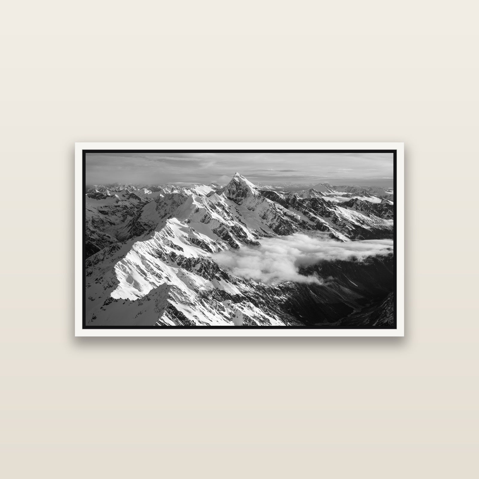 Majestic Reverie, Mount Sefton's Sunset Serenade — White framed metallic canvas print, small 81 × 46 cm. New Zealand fine art landscape wall art by Stephen Milner.