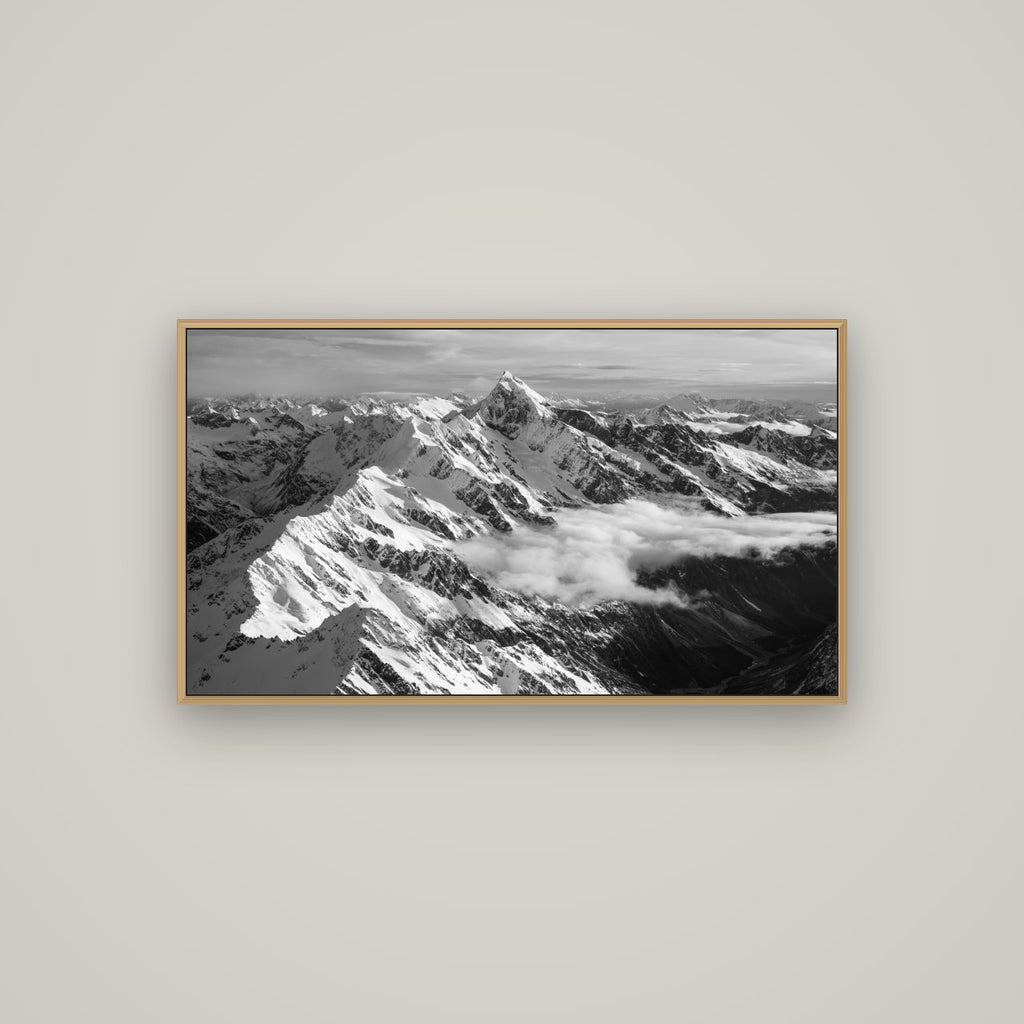 Majestic Reverie, Mount Sefton's Sunset Serenade, Basel Natural Oak, 107×60 cm. New Zealand fine art wall art by Stephen Milner.