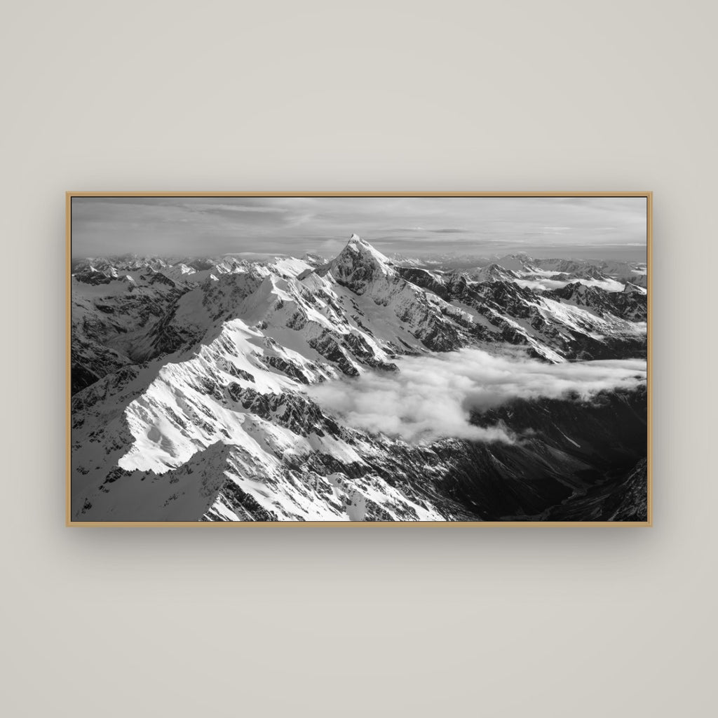 Majestic Reverie, Mount Sefton's Sunset Serenade, Basel Natural Oak, 160×90 cm. New Zealand fine art wall art by Stephen Milner.