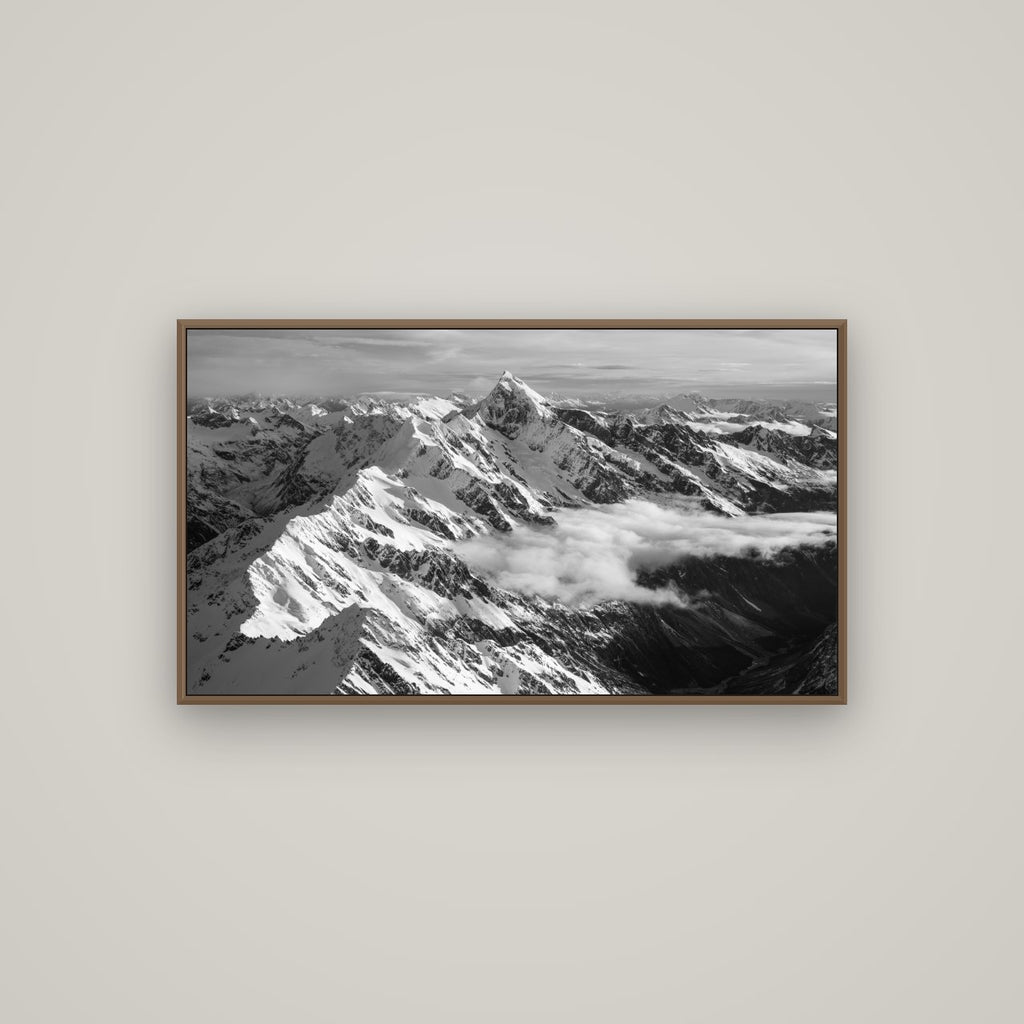 Majestic Reverie, Mount Sefton's Sunset Serenade, Basel Walnut, 107×60 cm. New Zealand fine art wall art by Stephen Milner.
