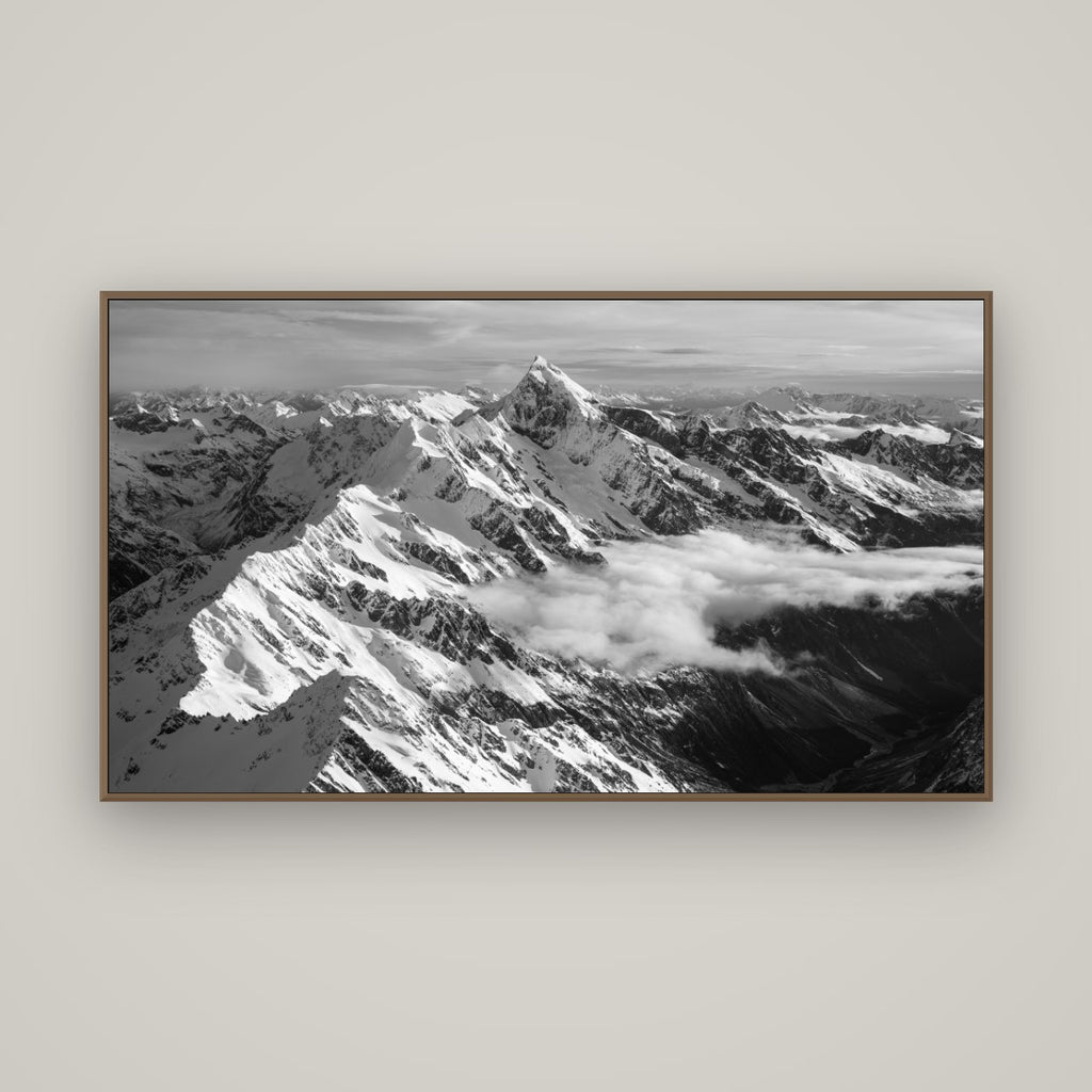 Majestic Reverie, Mount Sefton's Sunset Serenade, Basel Walnut, 160×90 cm. New Zealand fine art wall art by Stephen Milner.