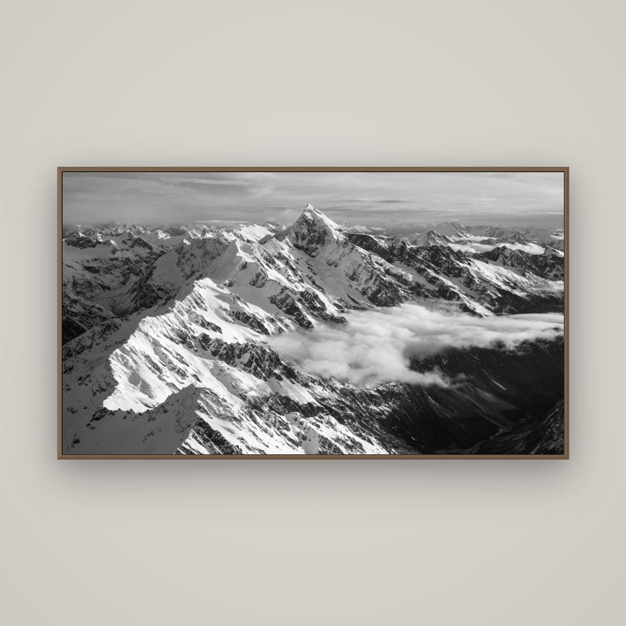Majestic Reverie, Mount Sefton's Sunset Serenade, Basel Walnut, 160×90 cm. New Zealand fine art wall art by Stephen Milner.