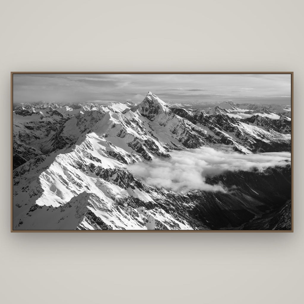 Majestic Reverie, Mount Sefton's Sunset Serenade, Basel Walnut, 196×110 cm. New Zealand fine art wall art by Stephen Milner.
