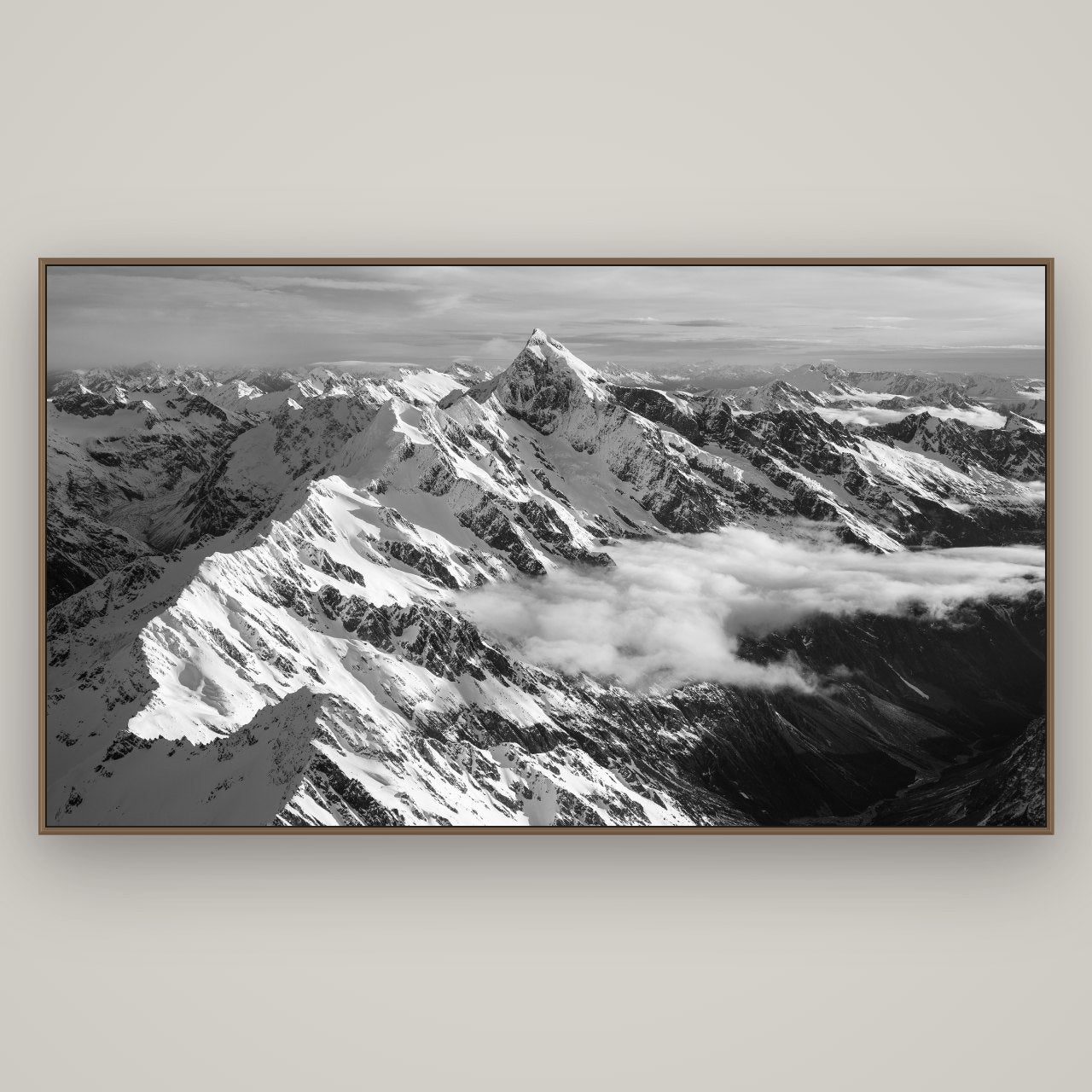 Majestic Reverie, Mount Sefton's Sunset Serenade, Basel Walnut, 196×110 cm. New Zealand fine art wall art by Stephen Milner.