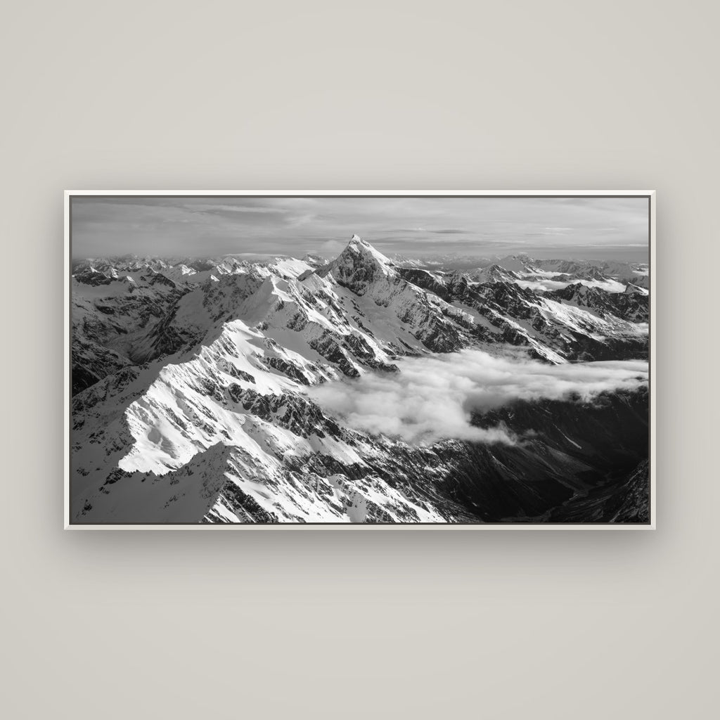 Majestic Reverie, Mount Sefton's Sunset Serenade — Basel White, 160×90 cm. New Zealand fine art wall art by Stephen Milner.