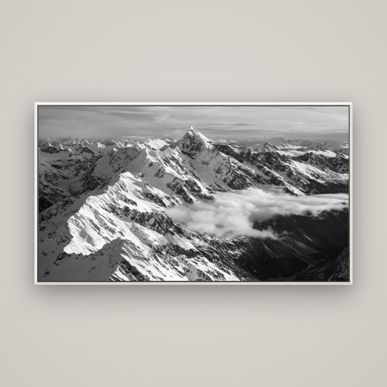 Majestic Reverie, Mount Sefton's Sunset Serenade — Basel White, 160×90 cm. New Zealand fine art wall art by Stephen Milner.