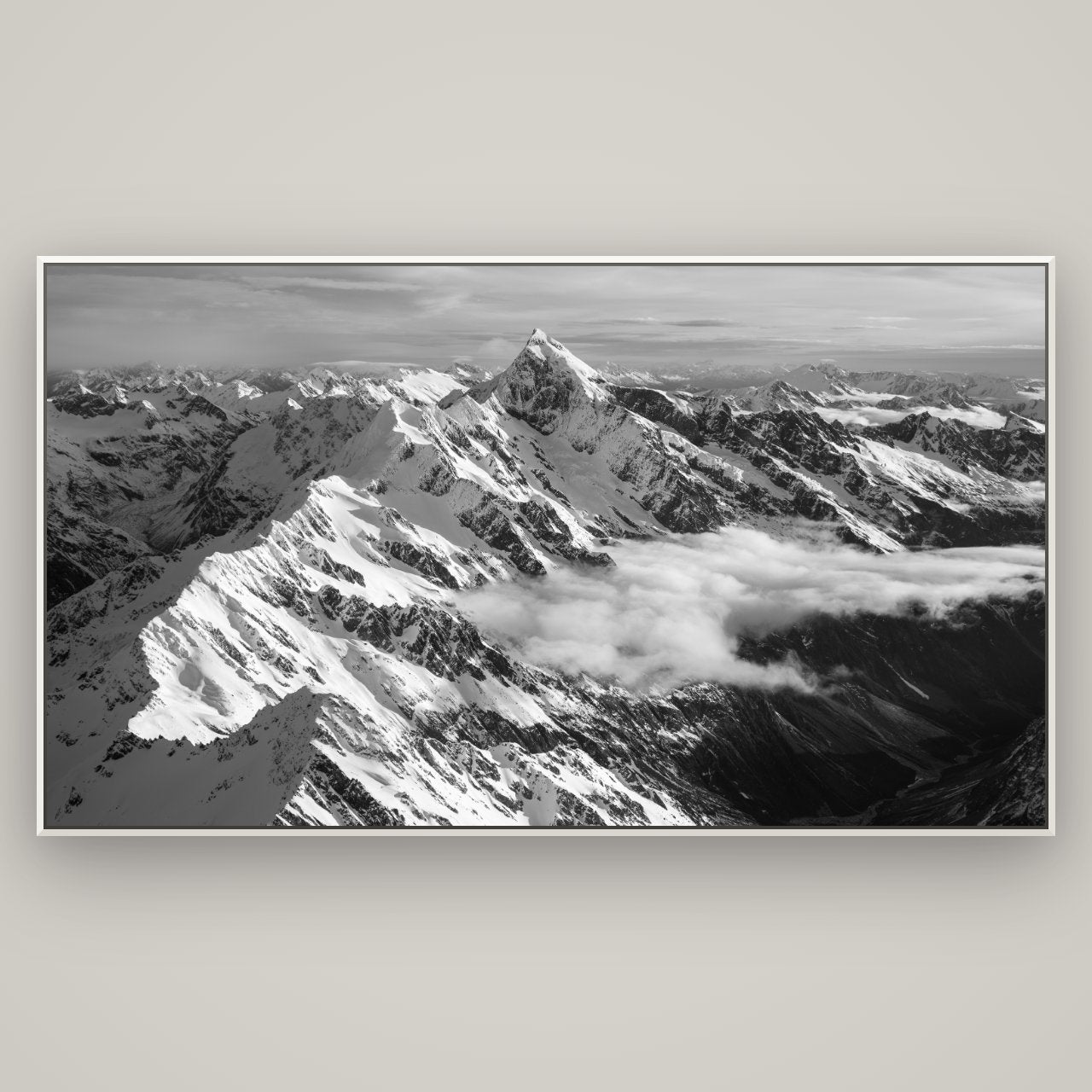 Majestic Reverie, Mount Sefton's Sunset Serenade — Basel White, 196×110 cm. New Zealand fine art wall art by Stephen Milner.