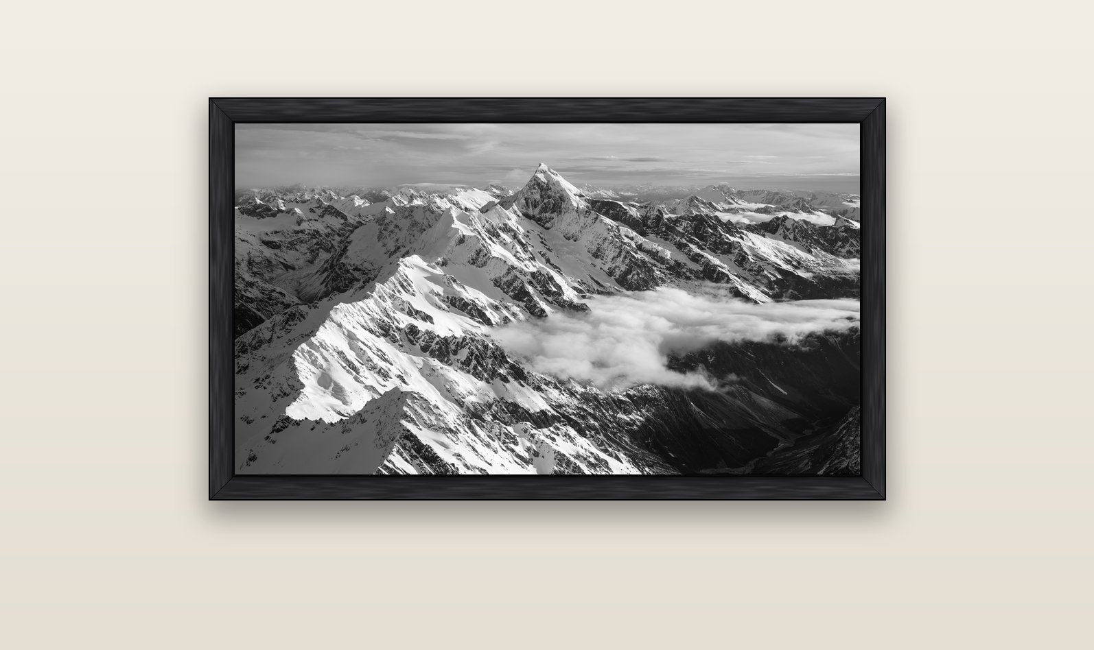 Majestic Reverie, Mount Sefton's Sunset Serenade — black float frame canvas, 102 × 56 cm. New Zealand fine art landscape wall art by Stephen Milner.