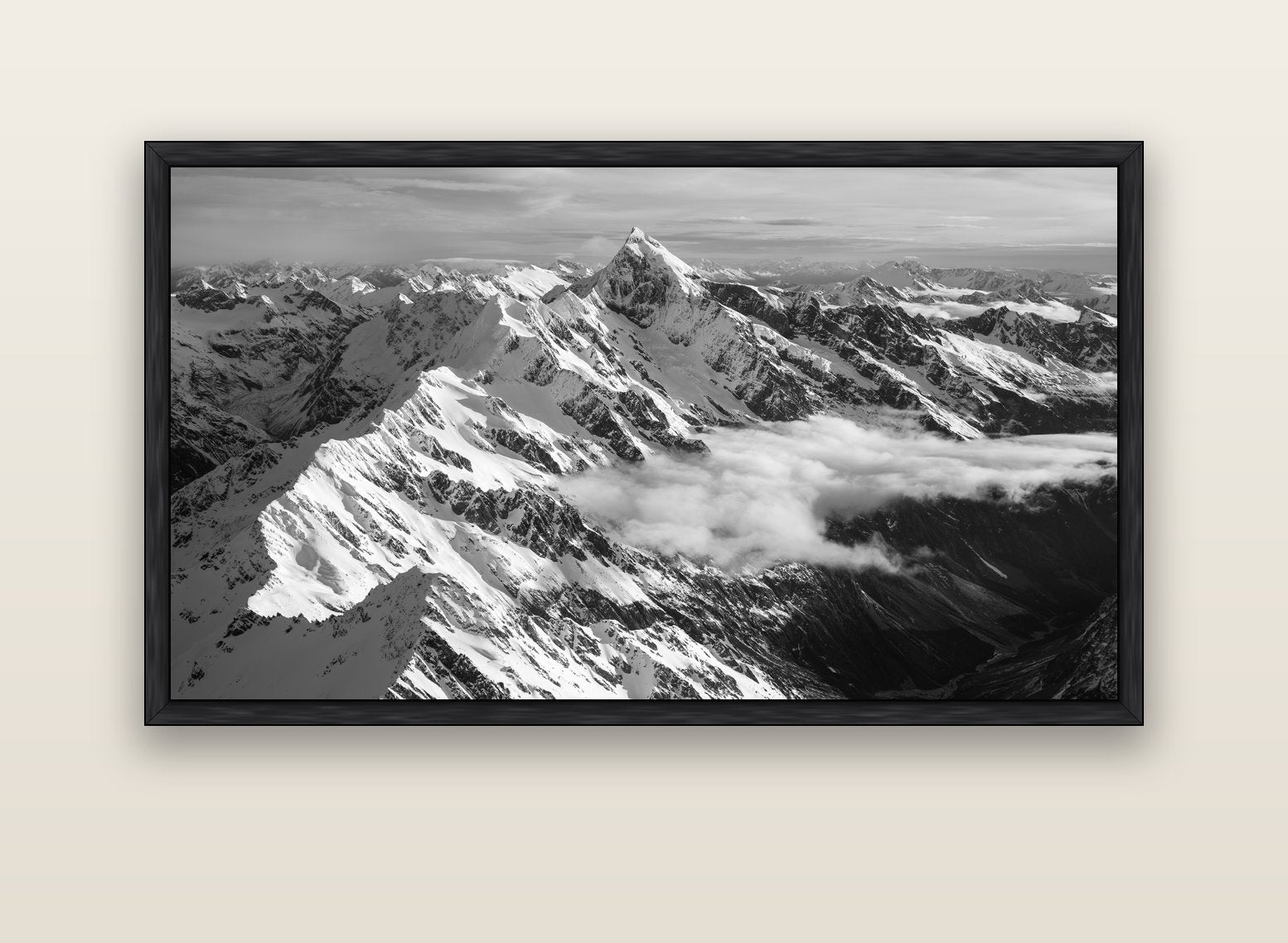 Majestic Reverie, Mount Sefton's Sunset Serenade — black float frame canvas, 152 × 86 cm. New Zealand fine art landscape wall art by Stephen Milner.