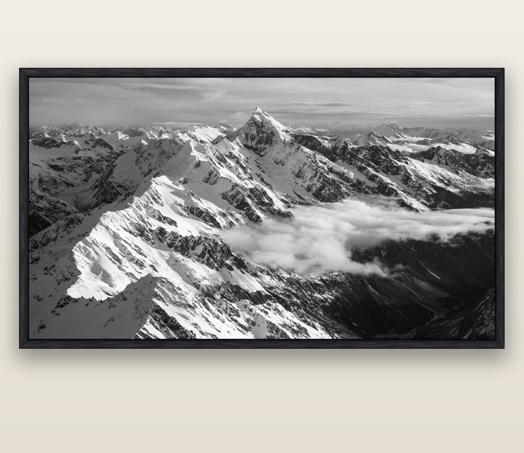 Majestic Reverie, Mount Sefton's Sunset Serenade — black float frame canvas, 200 × 130 cm. New Zealand fine art landscape wall art by Stephen Milner.