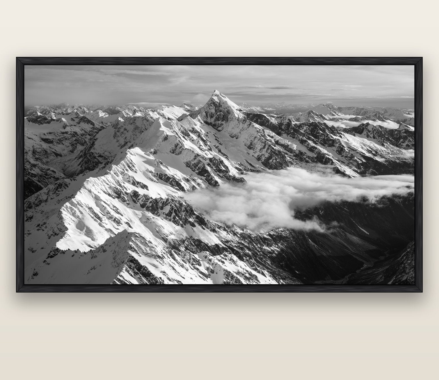 Majestic Reverie, Mount Sefton's Sunset Serenade — black float frame canvas, 200 × 130 cm. New Zealand fine art landscape wall art by Stephen Milner.