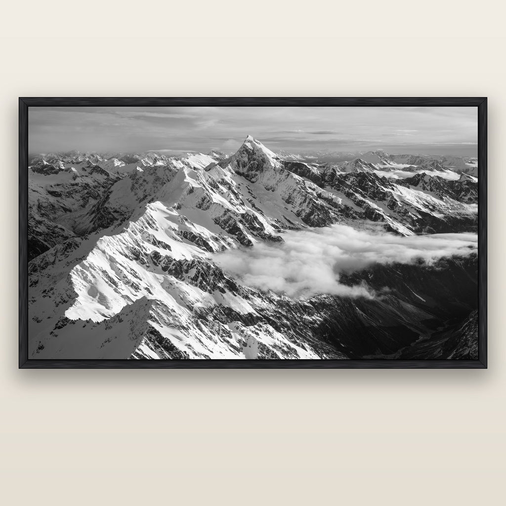 Majestic Reverie, Mount Sefton's Sunset Serenade — black float frame canvas, 200 × 130 cm. New Zealand fine art landscape wall art by Stephen Milner.