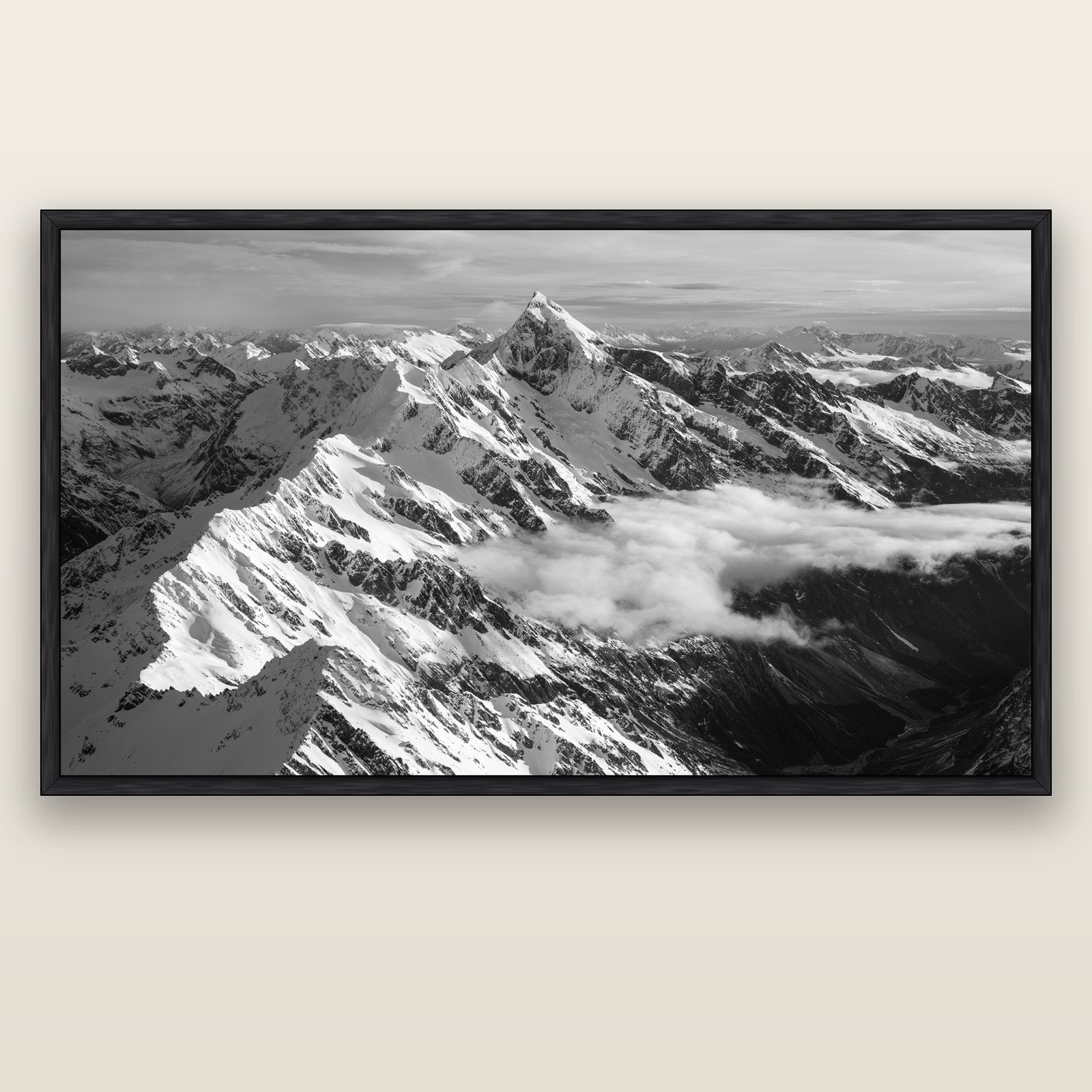 Majestic Reverie, Mount Sefton's Sunset Serenade — black float frame canvas, 200 × 130 cm. New Zealand fine art landscape wall art by Stephen Milner.