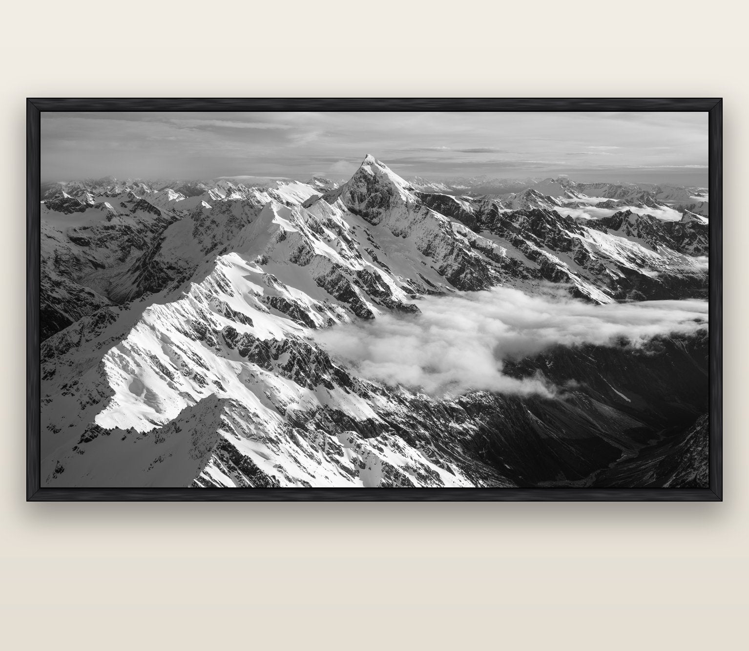 Majestic Reverie, Mount Sefton's Sunset Serenade — black float frame canvas, 201 × 99 cm. New Zealand fine art landscape wall art by Stephen Milner.
