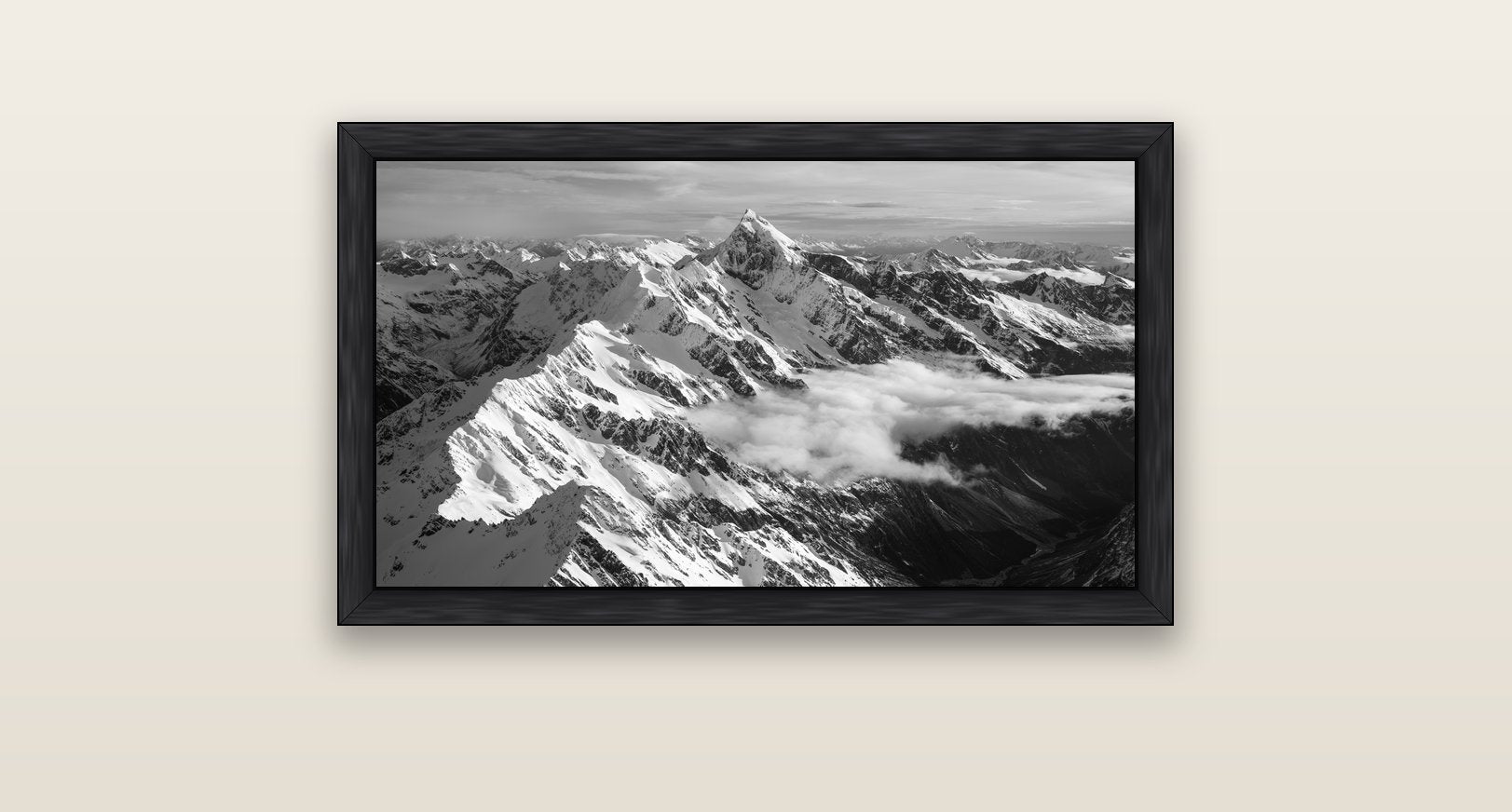 Majestic Reverie, Mount Sefton's Sunset Serenade — black float frame canvas, 81 × 46 cm. New Zealand fine art landscape wall art by Stephen Milner.